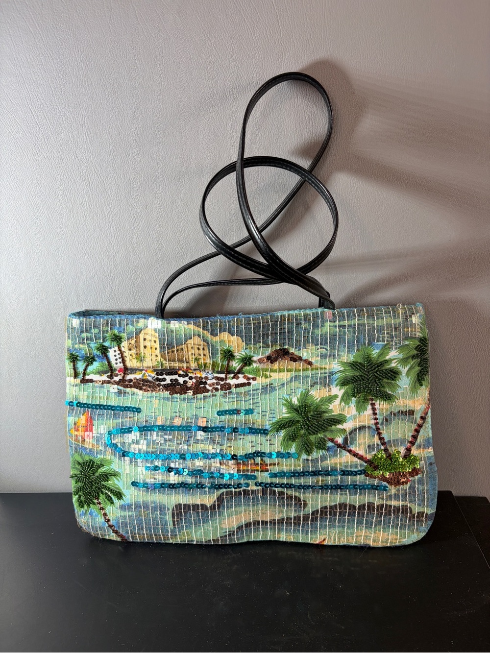 Tropical Scene Shoulder Bag Beaded Sequin Tote Purse in Multi-Color